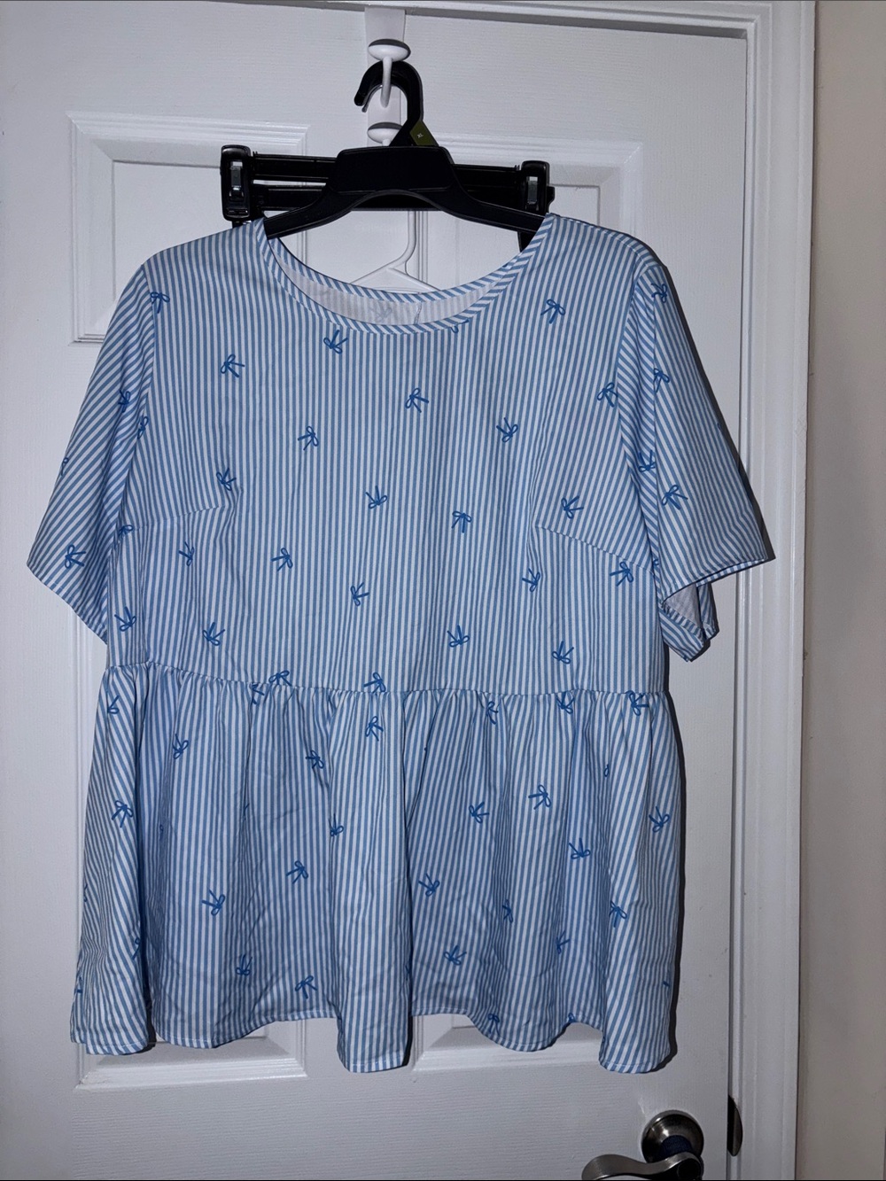 Light Blue Striped Peplum Blouse with Blue Embroidery